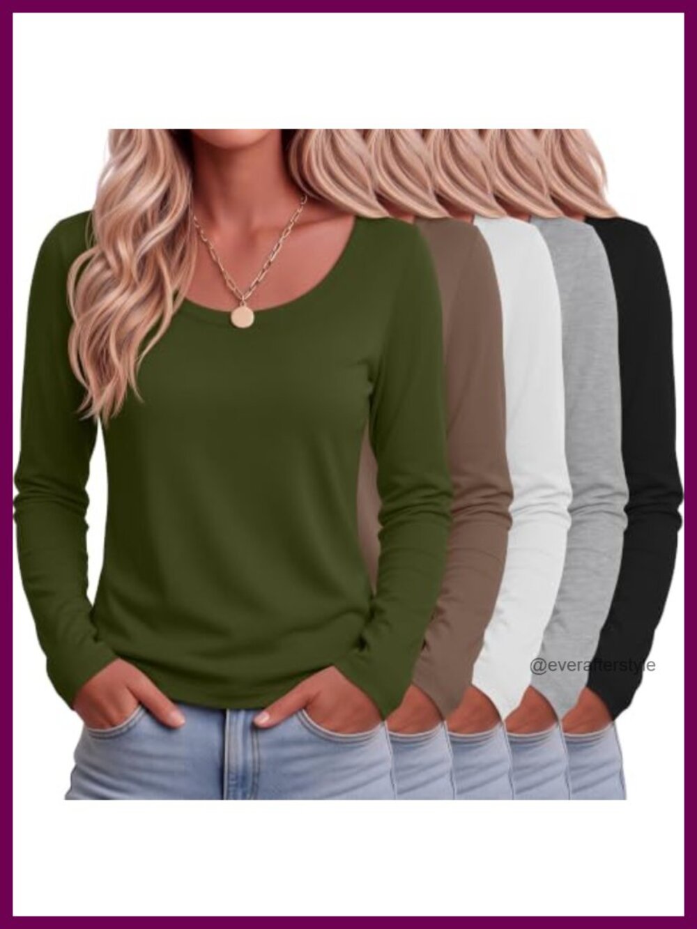 5 Pack Women's Long Sleeve Scoop Neck Tops Loose Fit Casual Shirts